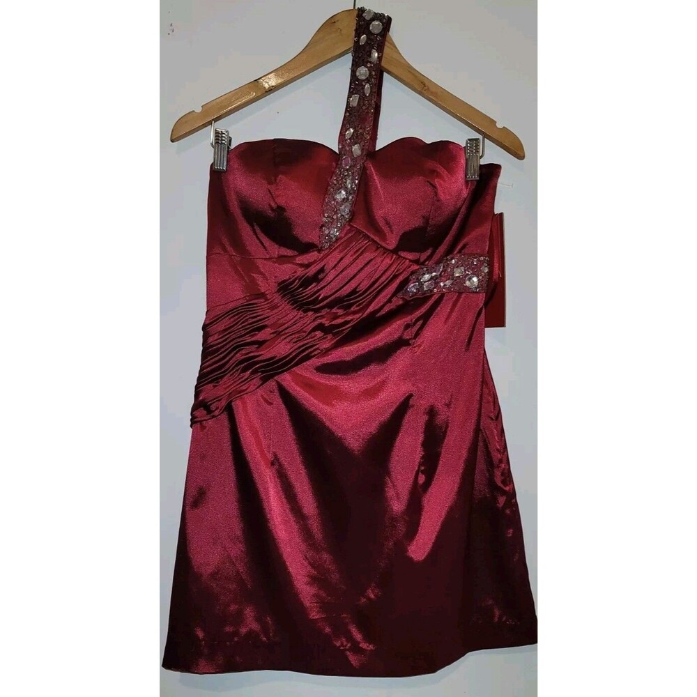 May Queen One Shoulder Mini Dress 12 Sequin Beaded  Wine Vtg Deadstock NWT